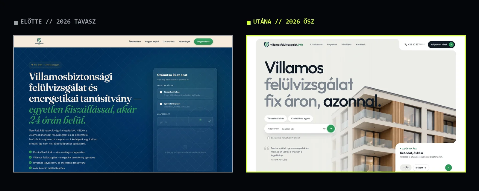 A villamosfelulvizsgalat.info régi, sötétkék nyitóképe és az új, világos, árkalkulátoros nyitókép egymás mellett