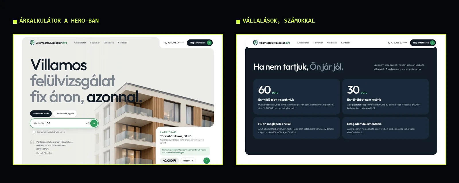 Az új oldal kitöltött árkalkulátora egy 58 négyzetméteres társasházi lakás fix árával, mellette a sötét vállalások szakasz